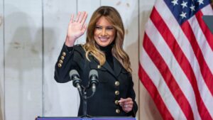 First Lady Melania Trump speaks at Make America Great Again event as part of election campaign at Whitewoods. Event has been held in open air and all supporters and staff were asked to wear facial masks, they were available for everyone at the entrance as well as hand sanitizers. Wearing masks was mandatory on this event.