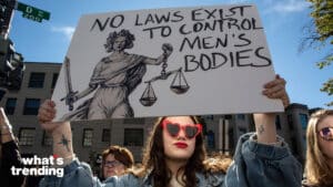 Abortion rights activists gather in front of the Heritage Foundation building during the Women's March in Washington DC, on November 9, 2024. The goal of the event is to reinvigorate the organization's progressive base after Donald Trump's election victory.