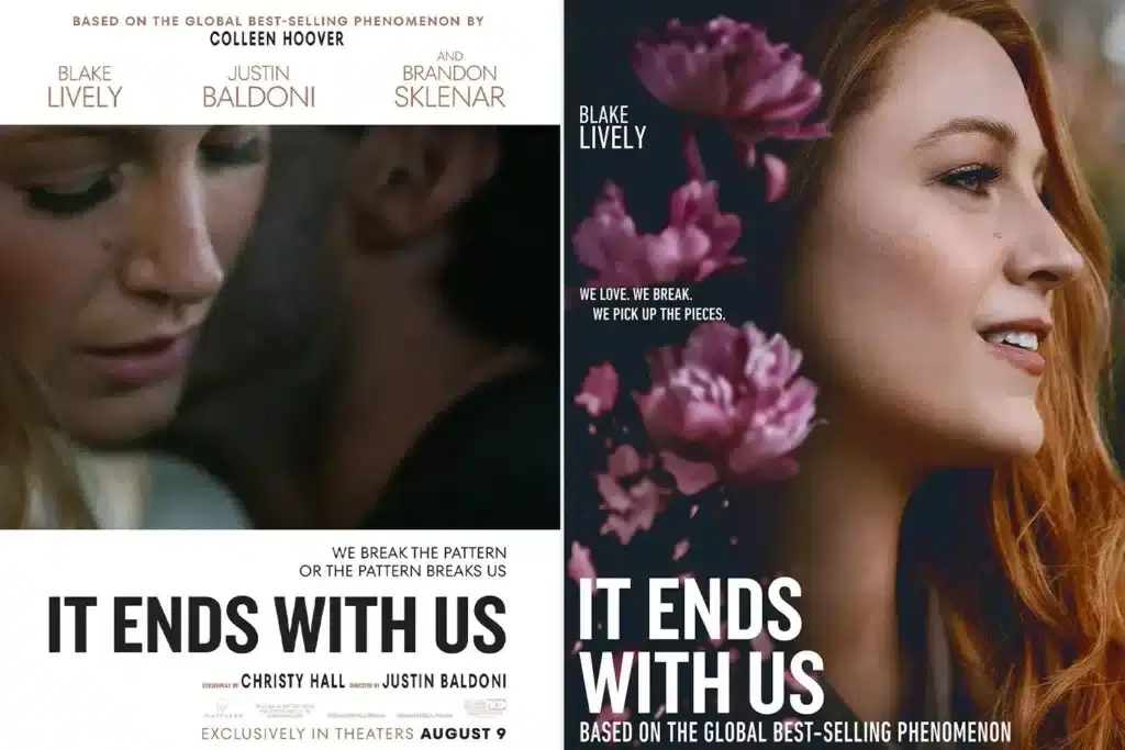'It Ends With Us' promotional posters with differences between each Justin Baldoni Version (left) and Blake Lively Version 