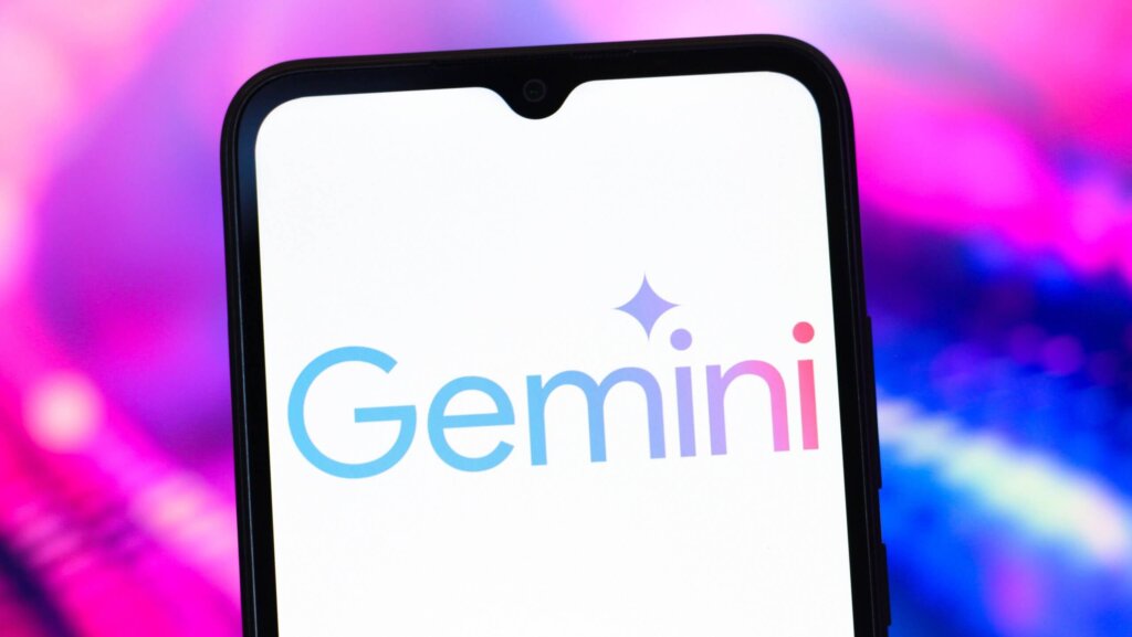 In this photo illustration, the Google Gemini AI logo is seen displayed on a smartphone screen.