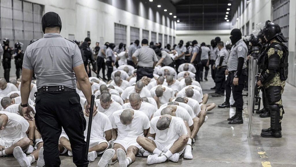 Alleged members of the violent Venezuelan street gang Tren de Aragua are escorted to their cells at the maximum-security Terrorism Confinement Center (CECOT) in Tecoluca, El Salvador, on Sunday, March 16, 2025. The Trump administration used the Alien Enemies Act of 1798 to deport suspected gang members.