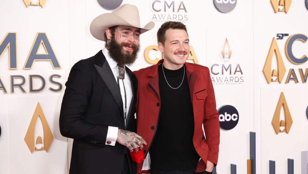 Post Malone and Morgan Wallen arriving at the 57th Annual Country Music Association Awards held at the Bridgestone Arena on November 8, 2023 in Nashville, TN. © Curtis Hilbun / AFF-USA.COM