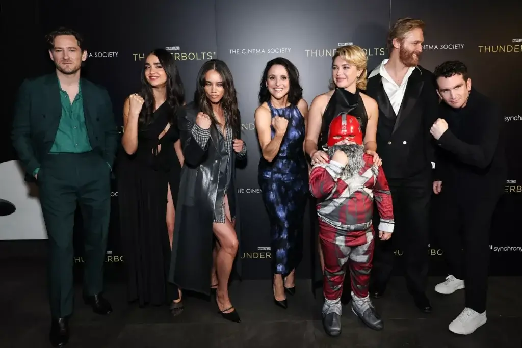Lewis Pullman, Geraldine Viswanathan, Hannah John-Kamen, Julia Louis-Dreyfus, Christian Savasta 'The Rizzler', Florence Pugh, Wyatt Russell and Jake Schreier attend the New York Special Screening of THUNDERBOLTS hosted by The Cinema Society at iPic Theater on April 30, 2025 in New York City. Jamie McCarthy/Getty