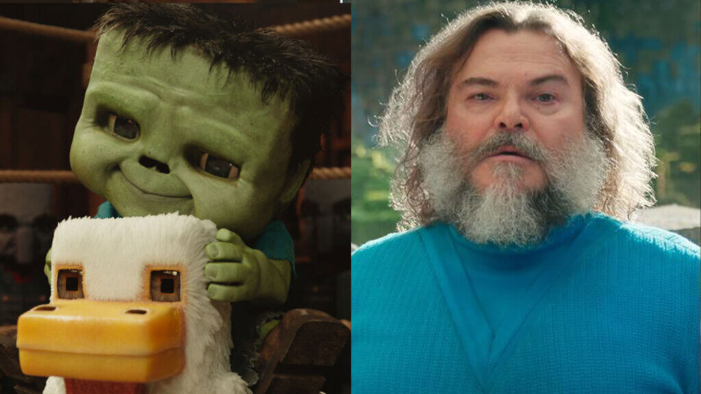 The "chicken jockey" in A Minecraft Movie (left); Jack Black in A Minecraft Movie.
