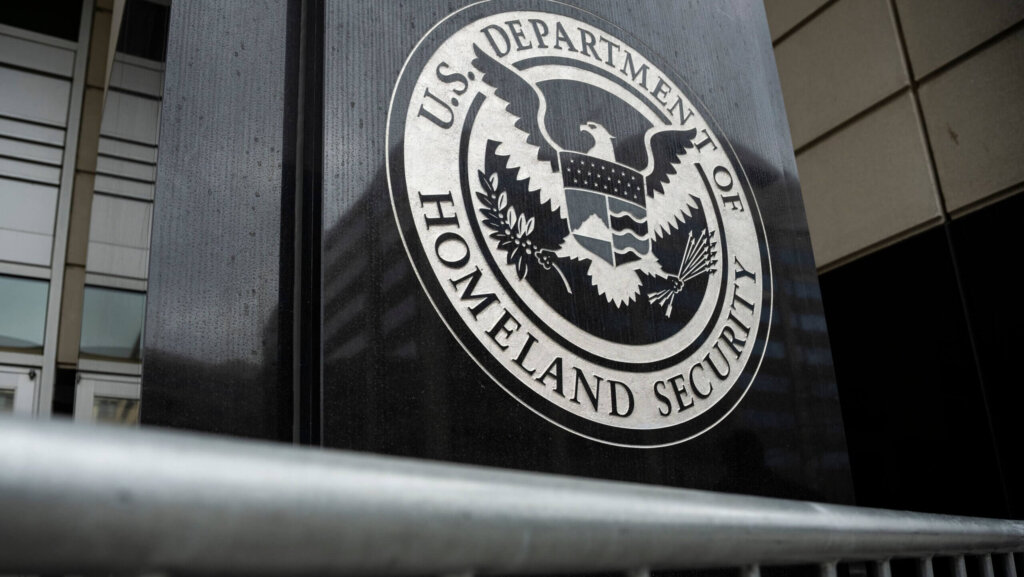 A general view of the Department of Homeland Security Seal at the Immigration and Customs Enforcement (ICE) headquarters during a protest calling for the release of arrested Palestinian student protester Mahmoud Khalil in Washington, DC, USA, 14 March 2025. Last week in New York, federal agents arrested Khalil, an American green card holder who led protests against Israel's operations in Gaza at Columbia University last year, and then quickly transferred him to Louisiana for deportation proceedings.