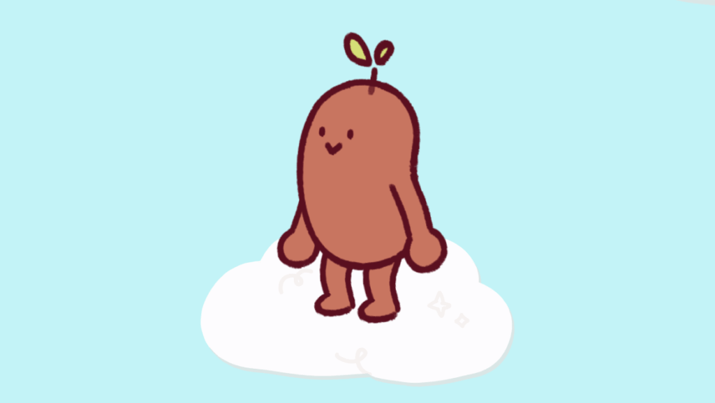 Cartoon brown bean character with a sprout on its head standing on a white cloud against a blue background
