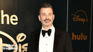 Jimmy Kimmel in a black tuxedo at a Disney+ and Hulu event with "what's trending" logo visible