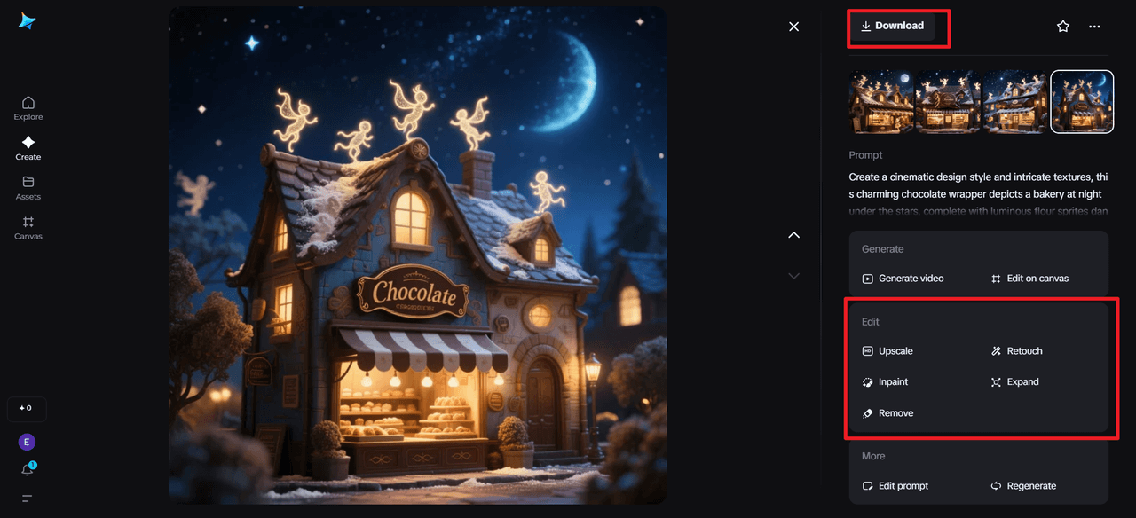 Nighttime bakery named Chocolate with glowing flour sprite figures dancing on the roof under a crescent moon and starry sky