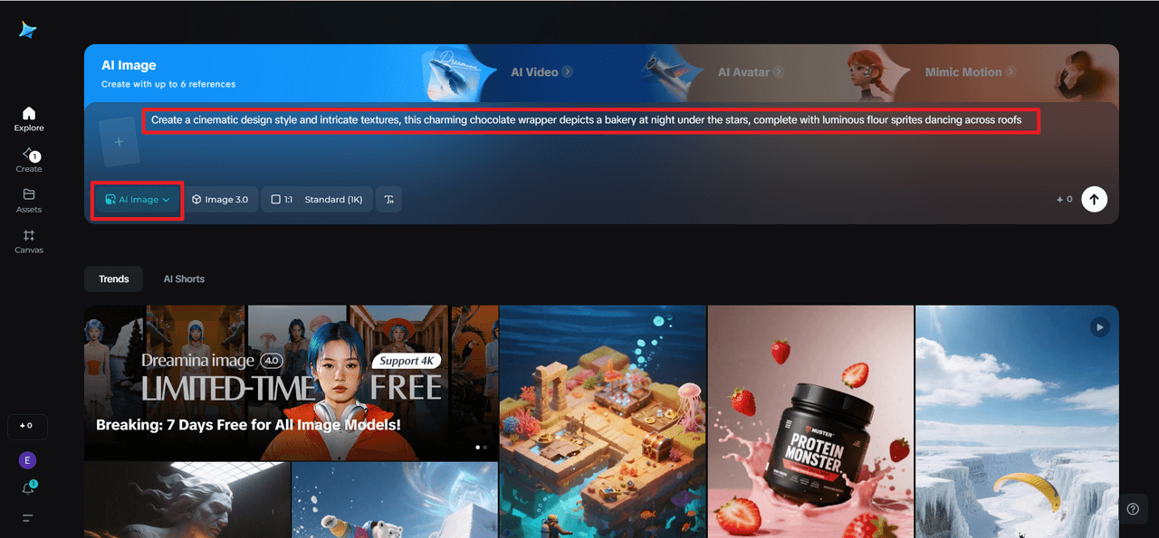 cinematic chocolate wrapper design depicting a bakery at night with luminous flour sprites dancing across rooftops under stars