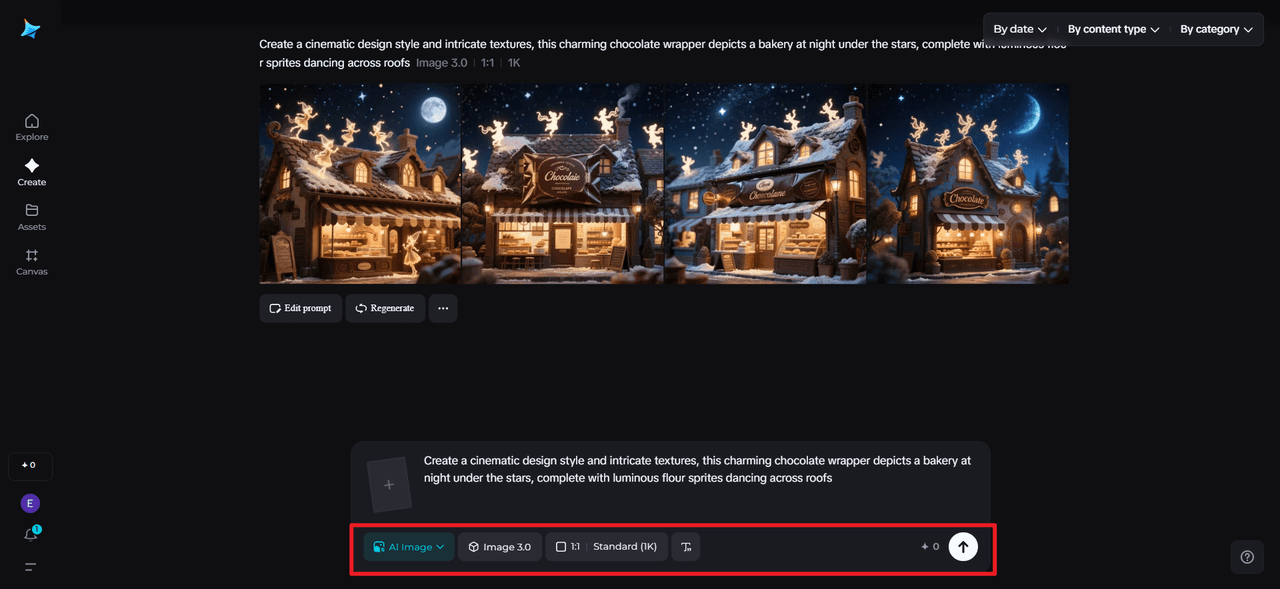 Charming bakery at night with snow-covered roofs and luminous flour sprites dancing under a starry sky and moonlight.