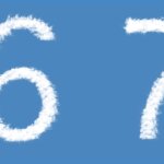 Numbers 6 and 7 formed by white clouds against a blue sky background