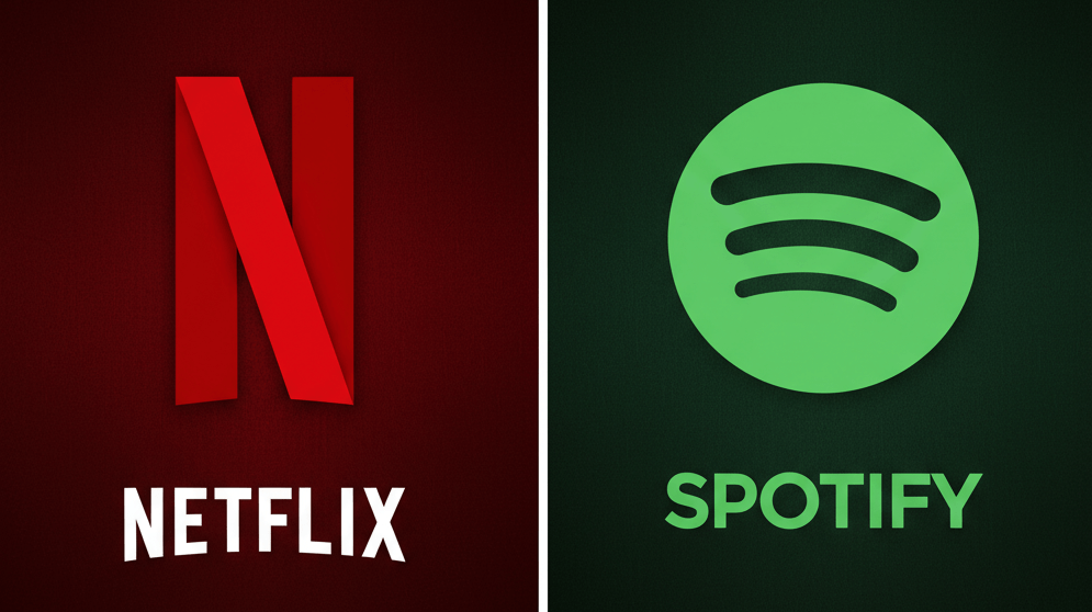 Netflix logo on red background and Spotify logo on green background side by side