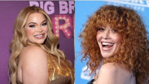 Trisha Paytas smiling in gold dress and Natasha Lyonne laughing with curly hair on blue background