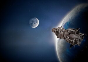 Futuristic spaceship orbiting Earth with the Moon visible in the starry background.