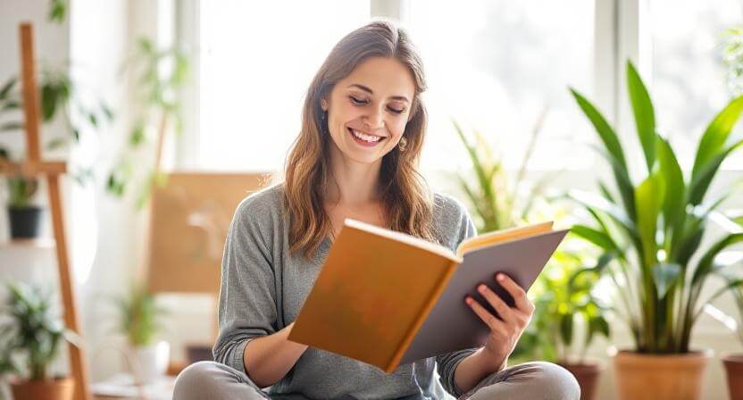 Smiling woman reading a book indoors surrounded by potted plants and natural light.