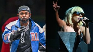 Kendrick Lamar performing in a blue jacket and Lady Gaga singing with blonde hair and large sunglasses on stage
