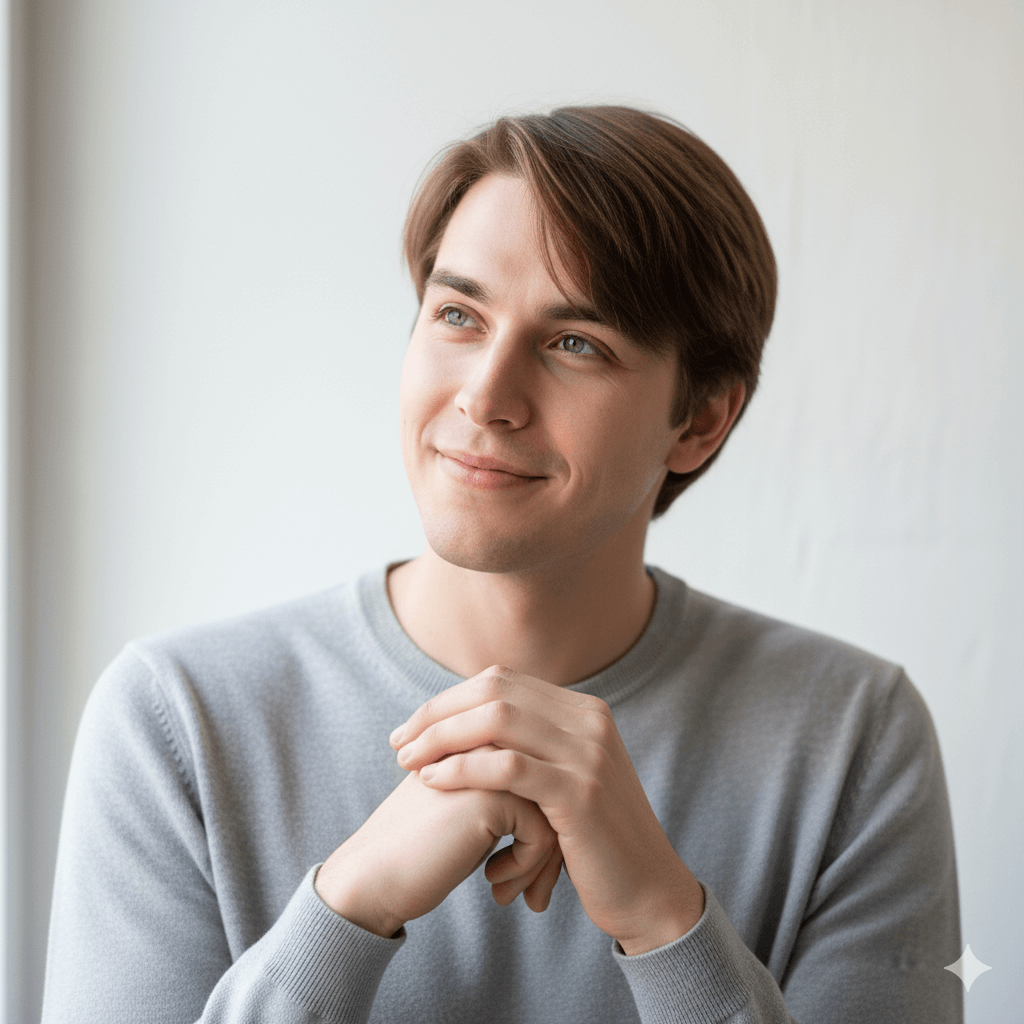 Young man in a gray sweater looking thoughtfully to the side with hands clasped.