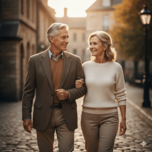 Older couple walking arm in arm on a cobblestone street at sunset, dressed in autumn attire.
