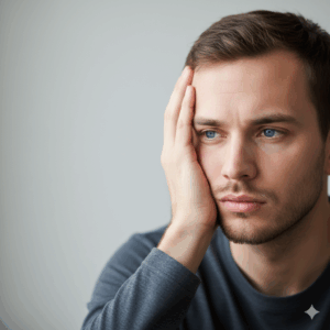 Young man with blue eyes resting his face on his hand, looking thoughtful against a plain background.