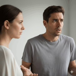 Man in gray shirt looking confused while woman in white looks at him seriously during conversation