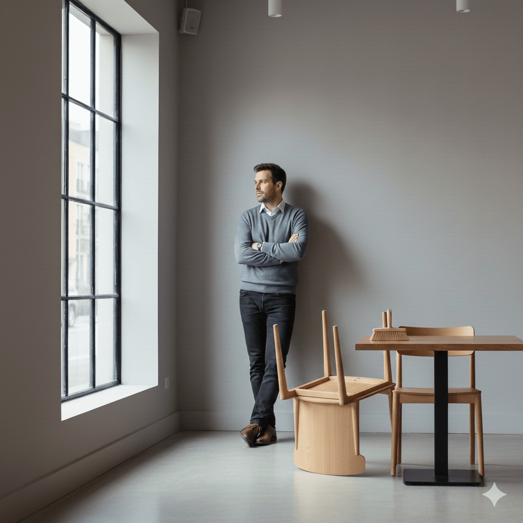 Man in gray sweater and black pants standing by a large window in a minimalist room with wooden chairs and table