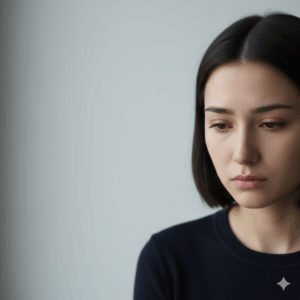 Young woman with short dark hair looking down with a somber expression against a plain gray background.