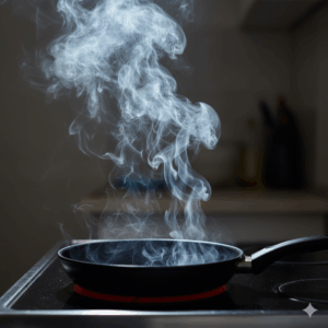 Smoke rising from a black frying pan on a red-hot electric stove burner in a kitchen setting