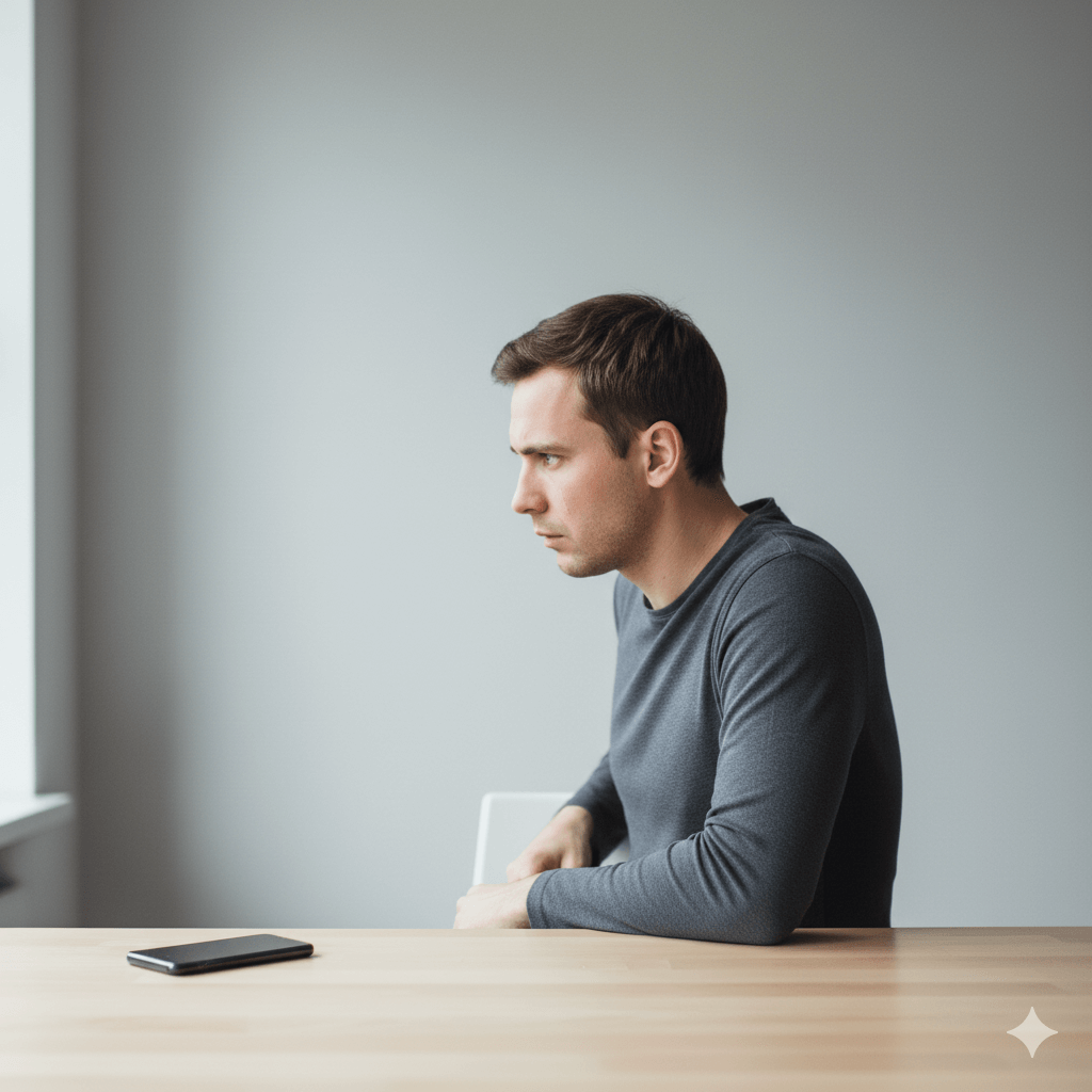 Man in gray long-sleeve shirt sitting at a table looking intently at a smartphone.