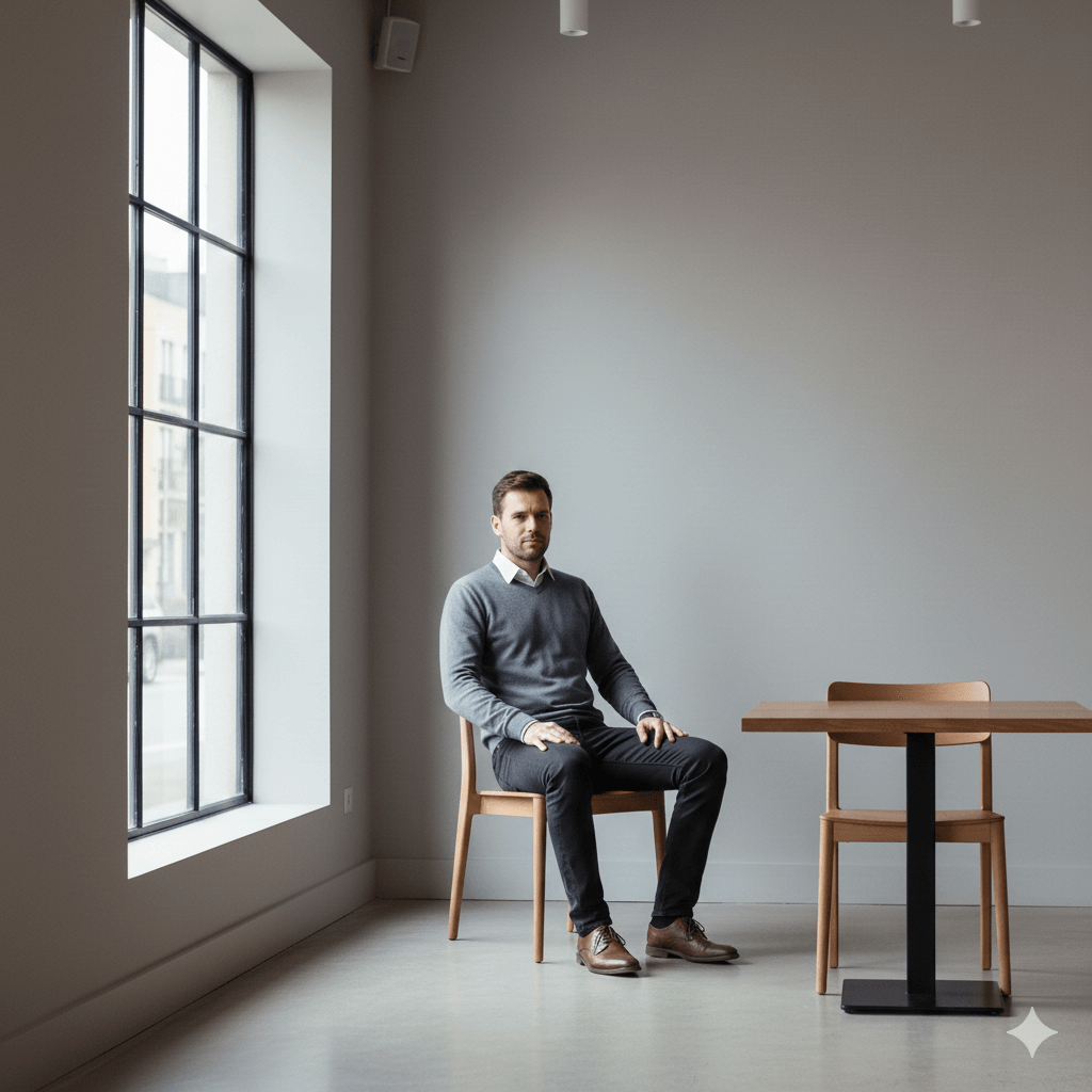 Man in gray sweater and dress shoes sitting on wooden chair in minimalist room by large window