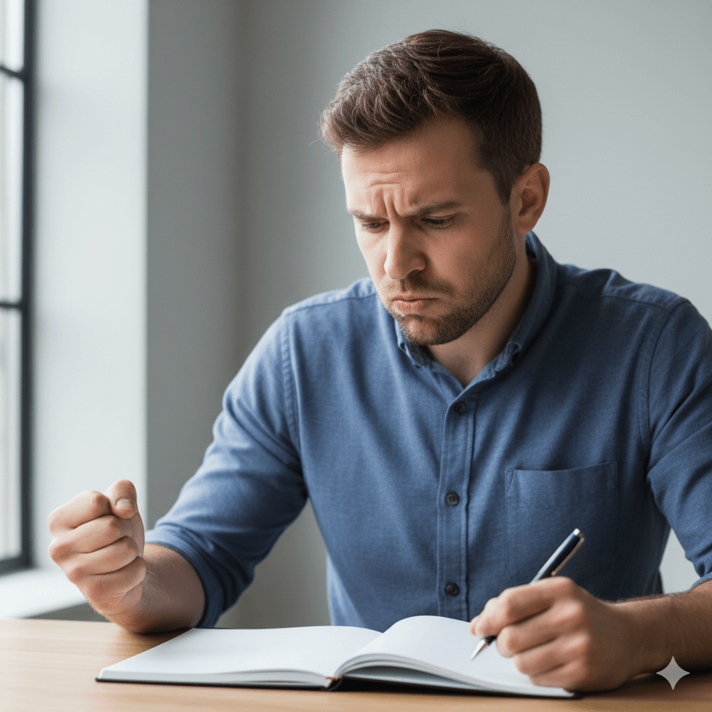 Frustrated man in blue shirt clenching fist while writing in an open notebook at a table near a window