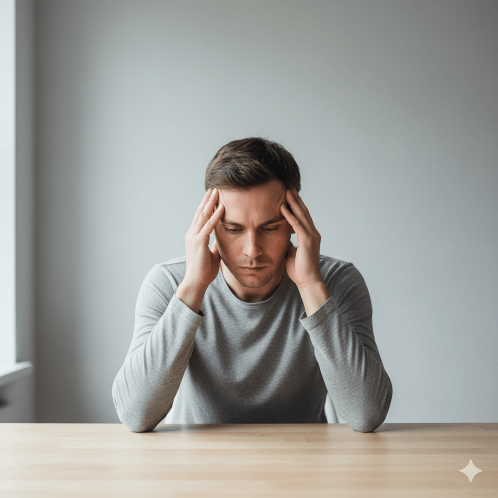 Young man in gray shirt sitting at a table holding his head, appearing stressed or deep in thought.