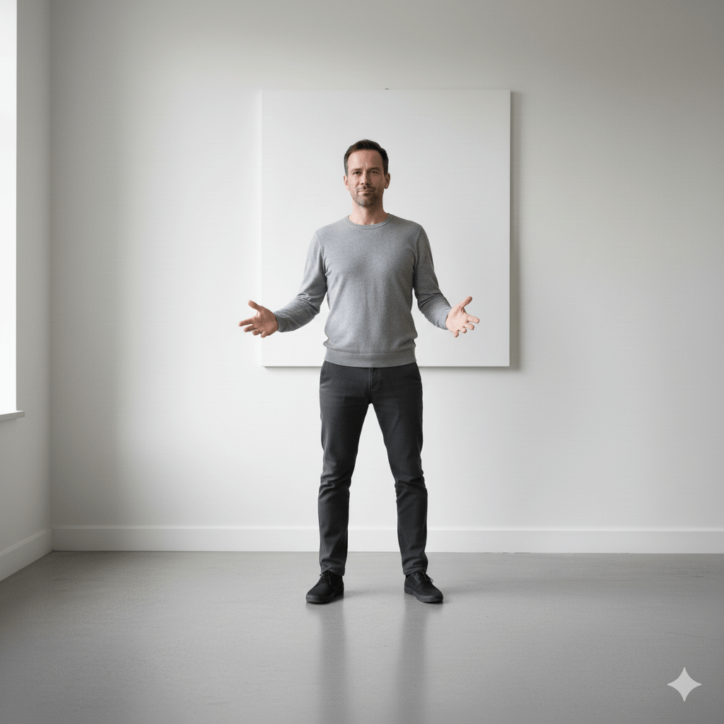 Man in gray sweater and black pants standing with arms open in a minimalist white room with blank canvas behind him