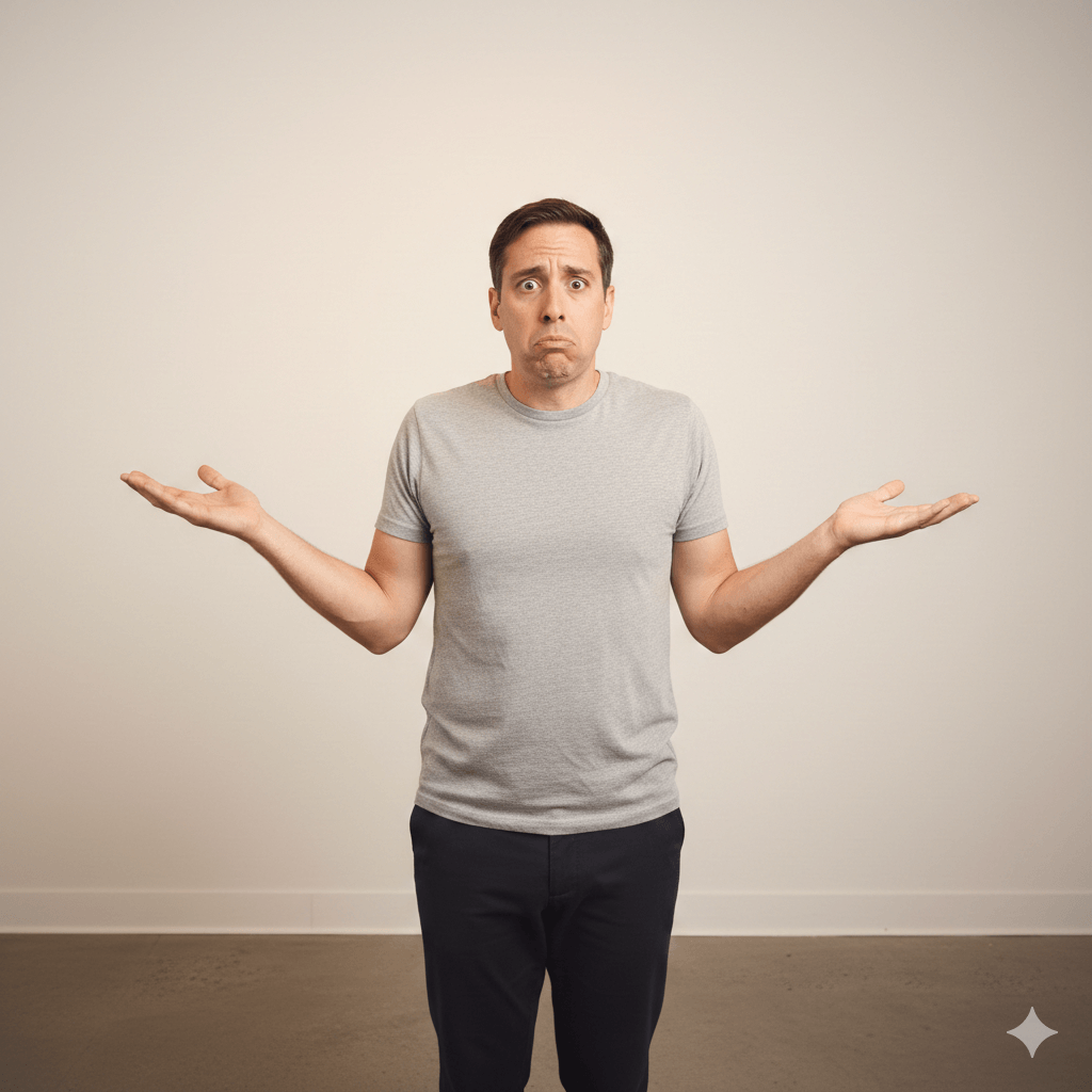 Man in gray t-shirt shrugging with raised hands and confused expression against a plain background