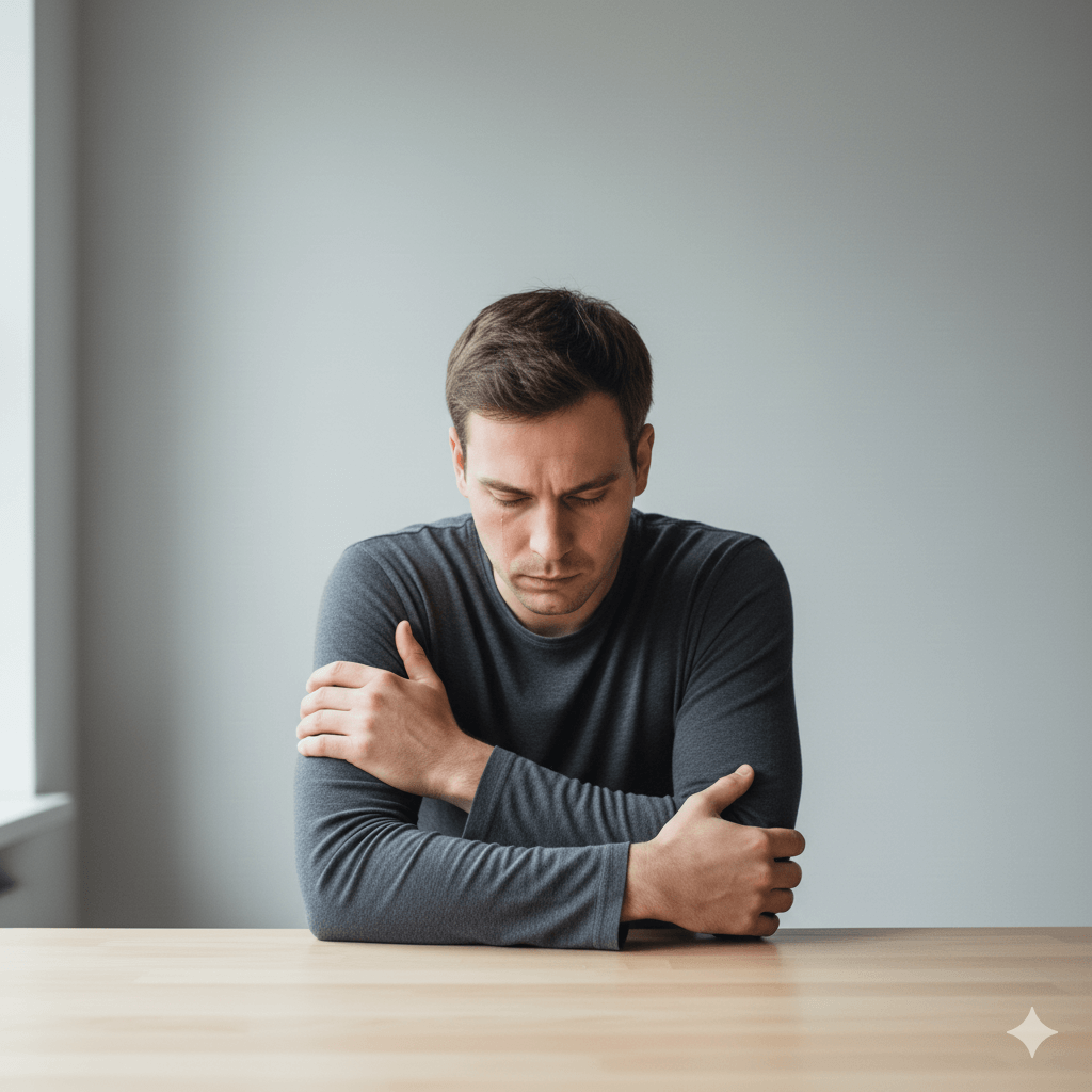Man in gray long-sleeve shirt sitting at a table with arms crossed, looking down thoughtfully.
