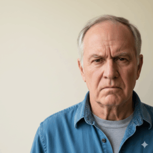Older man with gray hair wearing a blue denim shirt and gray t-shirt, looking serious against a plain background.