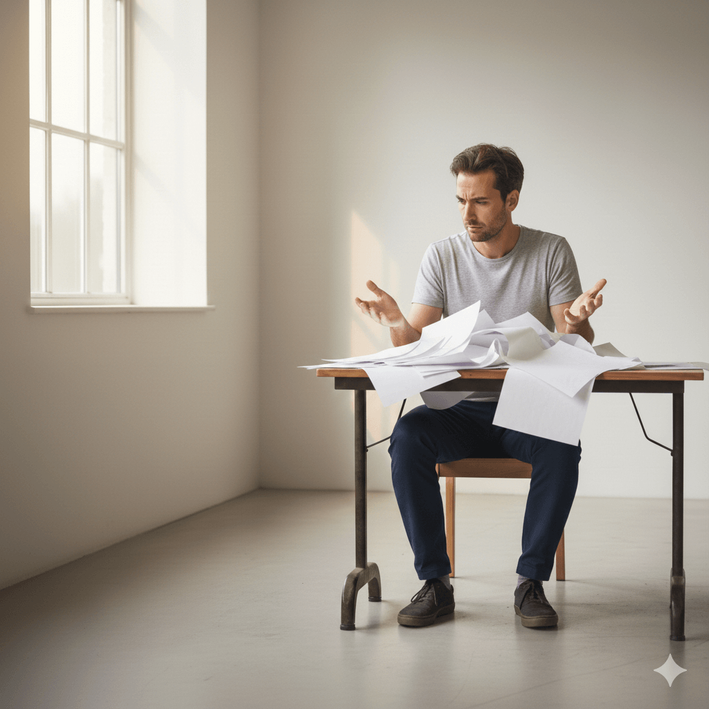 Man in gray t-shirt sitting at a table with scattered papers, looking frustrated in a bright room.