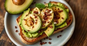 Toast topped with mashed avocado, sliced avocado rings, and sprinkled with seasoning on a white plate.