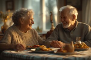 Elderly couple smiling and holding hands while sitting at a table with plates of food.