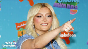 Singer Bebe Rexha pointing while posing at the Nickelodeon Kids' Choice Awards 2023