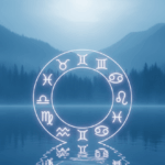 Glowing zodiac wheel with astrological signs reflected on a calm lake surrounded by misty mountains and trees