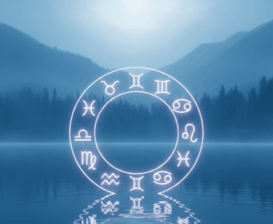 Glowing zodiac wheel with astrological signs reflected on a calm lake surrounded by misty mountains and trees