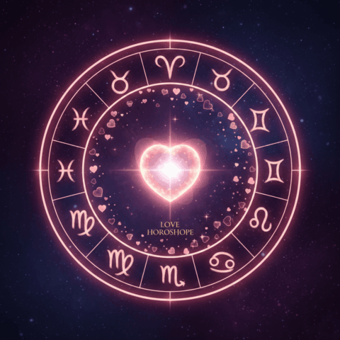 Glowing pink zodiac wheel with a bright heart at the center and the text "Love Horoscope" against a starry background
