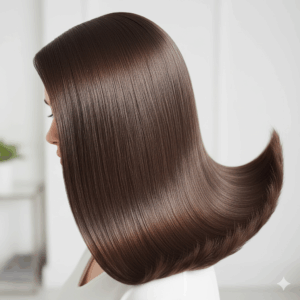 Woman with smooth, shiny, straight brown hair styled with a flipped-out curl at the ends