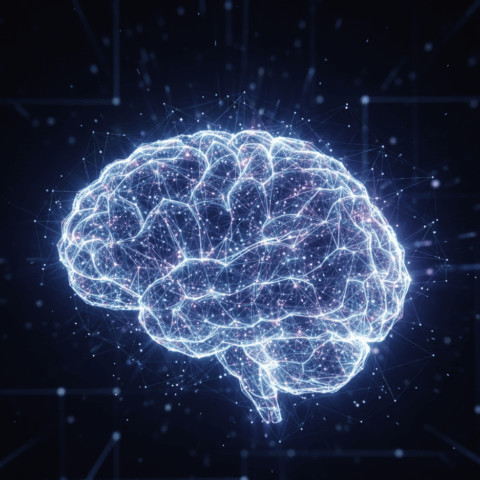 Digital illustration of a glowing neural network forming a human brain on a dark background