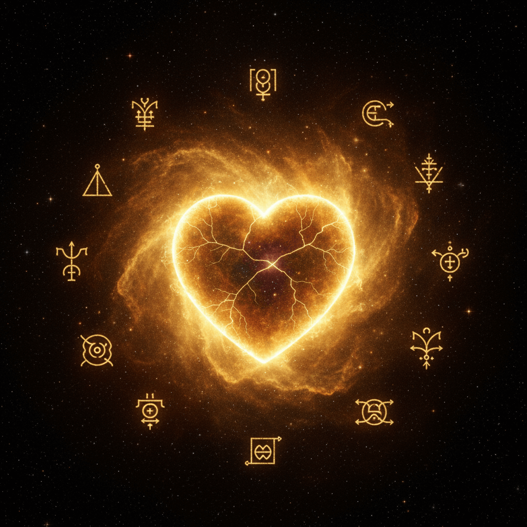 Glowing golden heart nebula surrounded by mystical alchemical symbols on a starry background.