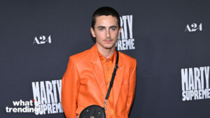 Actor Timothée Chalamet wearing an orange suit at the Marty Supreme premiere with A24 logos in the background.