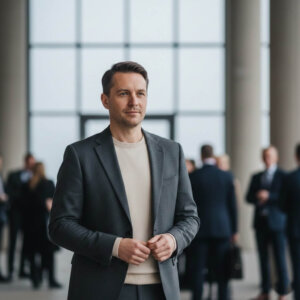 Man in gray suit and beige sweater standing in a modern office lobby with people in the background.